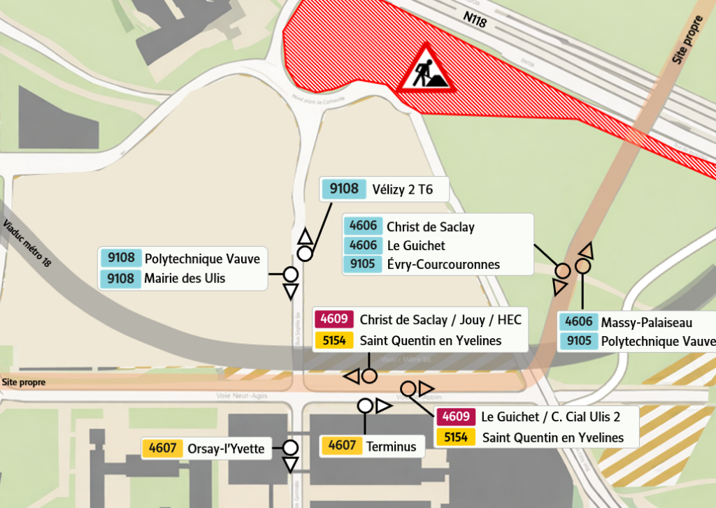 Plan montrant la disposition des arrêts des bus 9108, 4606, 9105, 409, 5154