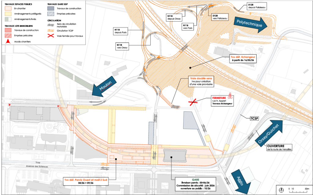 Plan des déviations liées aux travaux de la RN118, indiquant :
- la neutralisation partielle du rond-point de Corbeville,
- l'ouverture de la nouvelle voirie entre la rue de Versailles et la rue Nicolas Appert,
- la fermeture du tourne-à-gauche vers Corbeville depuis la bretelle 9.